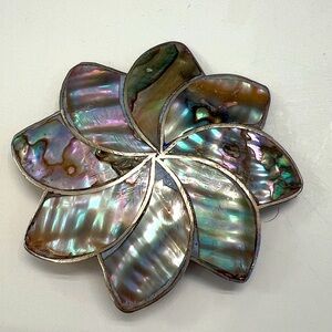 Abalone Sterling Silver Pendant Brooch Pin Inlaid Flower Alpaca Silver Mexico